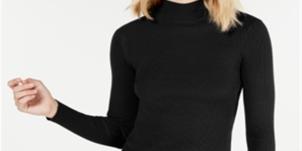 SAY WHAT? Women's  Fitted Rib-knit Tulip-hem Long Sleeve Mock Neck Sweater Black Size Medium