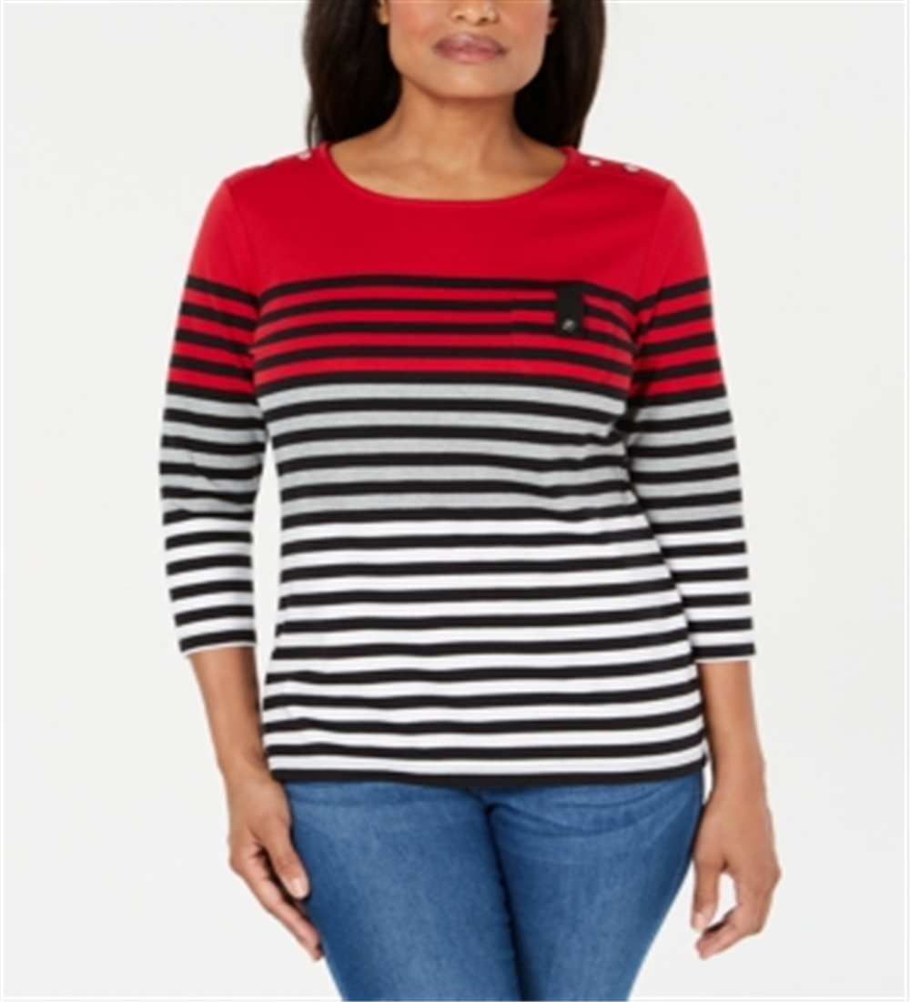 Karen Scott Women's Sport Striped 3/4-Sleeve Top  - New Red Amore Red Size XS