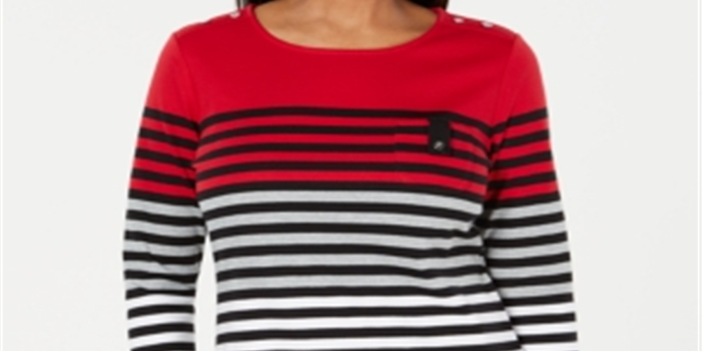 Karen Scott Women's Sport Striped 3/4-Sleeve Top  - New Red Amore Red Size XS
