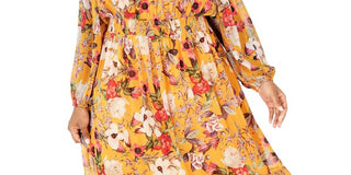 INC Women's Plus Peasant Floral Maxi Dress Yellow Size 3X