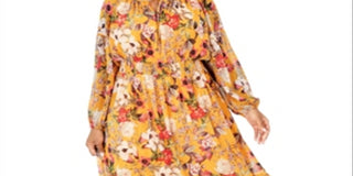 INC Women's Plus Peasant Floral Maxi Dress Yellow Size 3X