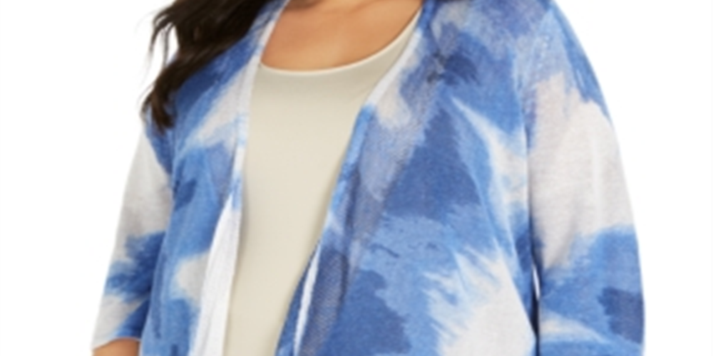 Alfani Women's Acid Wash 3/4 Sleeve Open Cardigan Sweater Blue Size 0X
