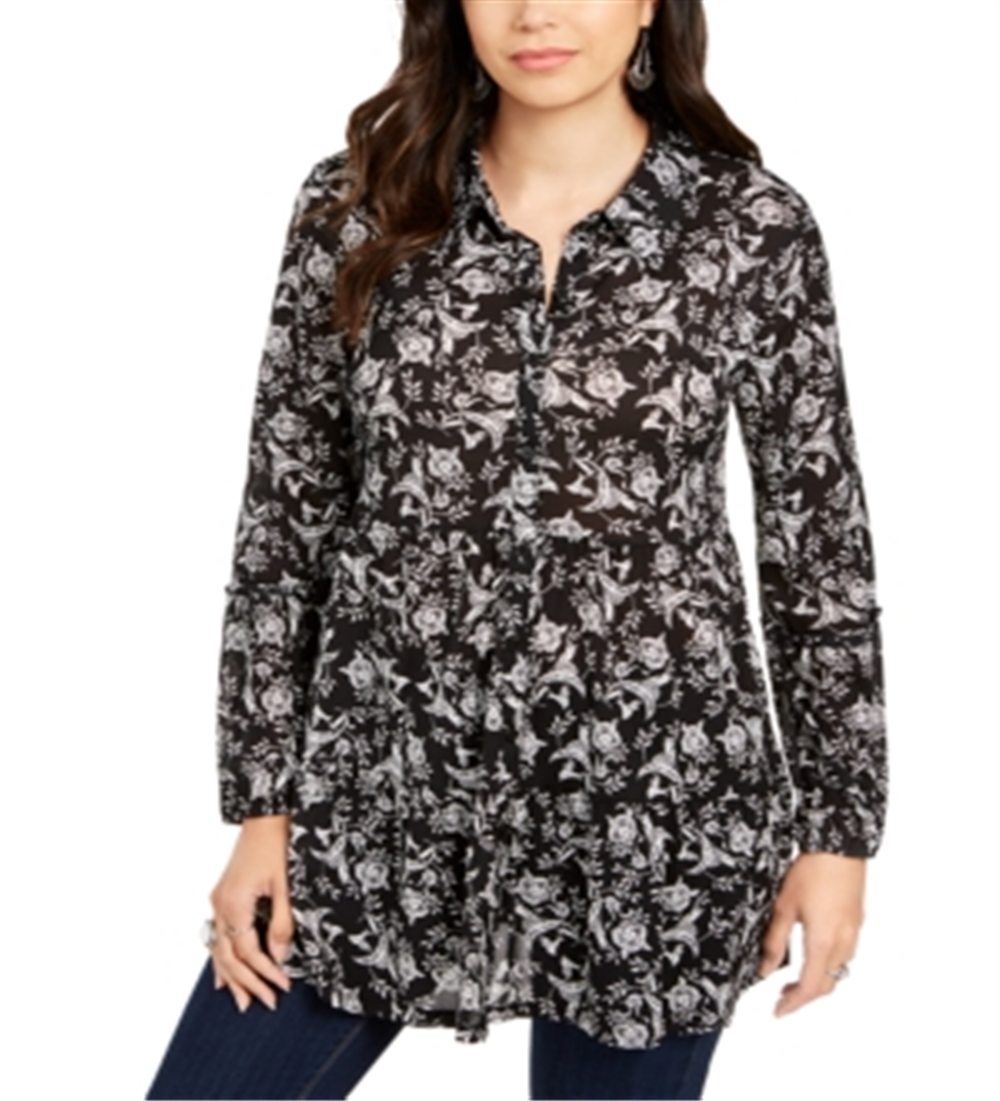 Style & Co Women's Printed Tiered Blouse  Black Size XS