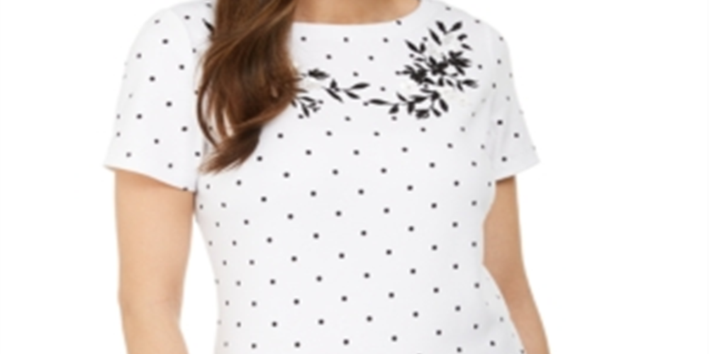 Karen Scott Women's Printed Embroidered Boat Neck Cotton Top White Size Small