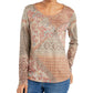 Style & Co Women's Knit Printed Long Sleeve Scoop Neck Top Brown Size Small