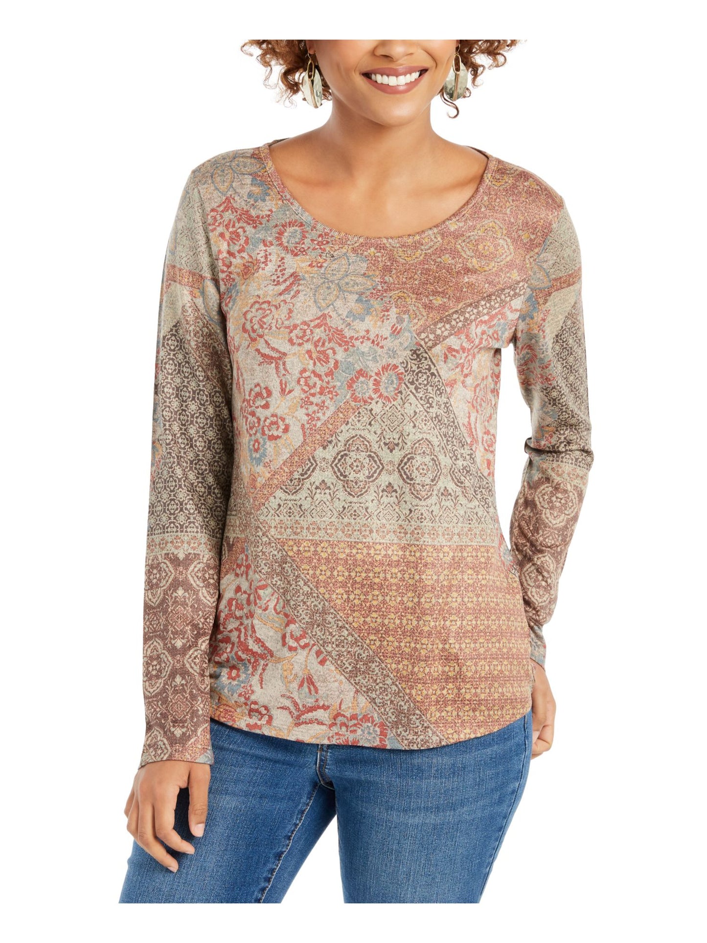 Style & Co Women's Knit Printed Long Sleeve Scoop Neck Top Brown Size Small