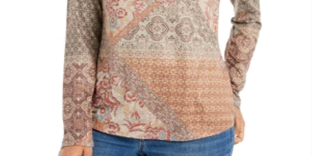 Style & Co Women's Knit Printed Long Sleeve Scoop Neck Top Brown Size Small