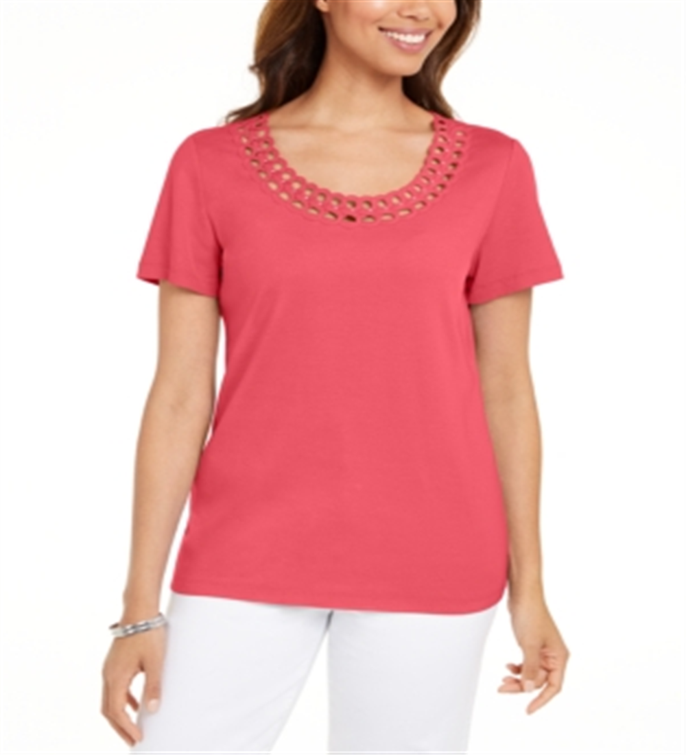 Karen Scott Women's Cotton Scalloped-Neck T-Shirt  Orange Size Small