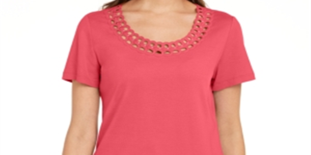 Karen Scott Women's Cotton Scalloped-Neck T-Shirt  Orange Size Small