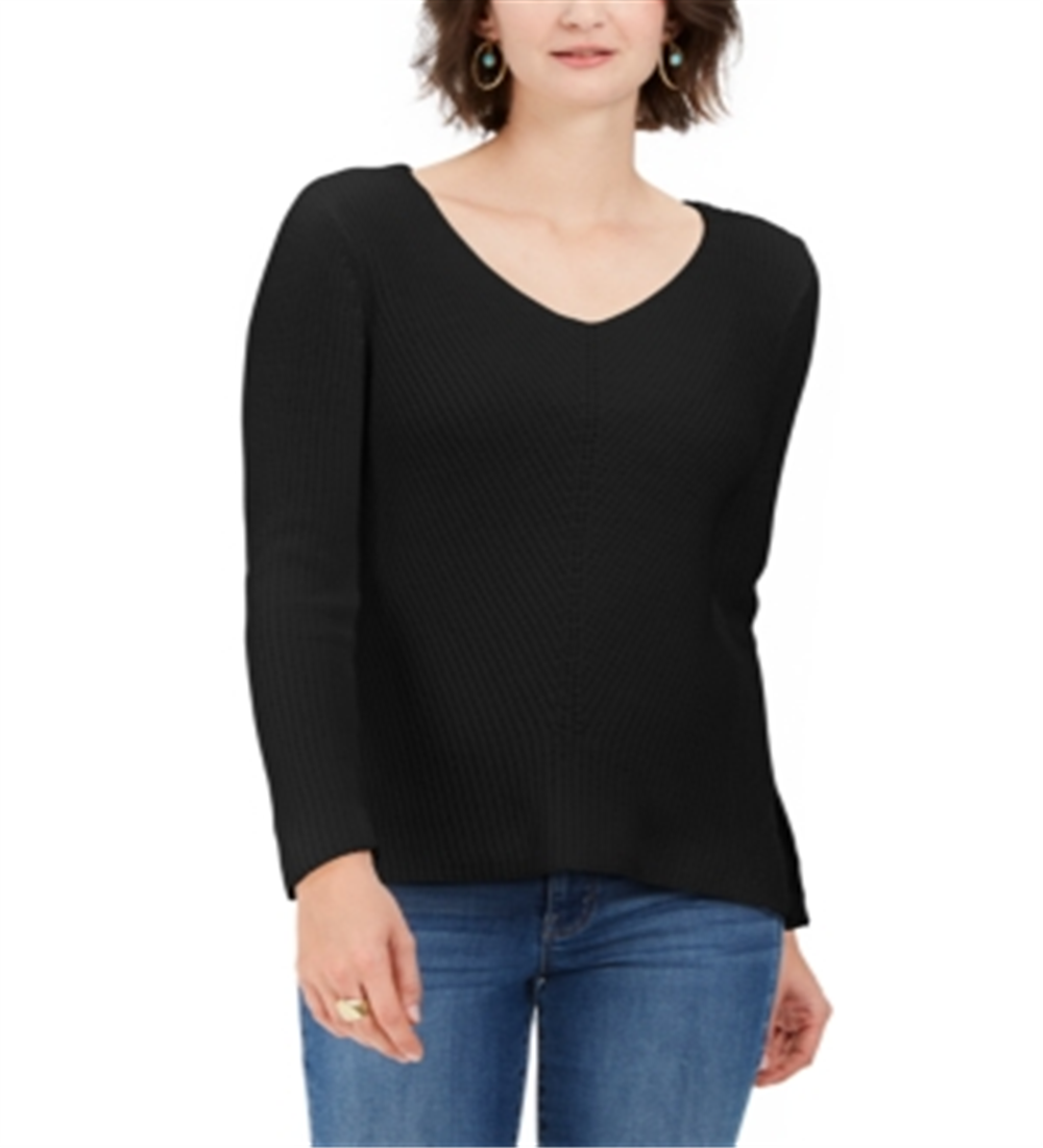 Style & Co Women's Cotton Rib-Knit V-Neck Sweater Deep Black Size M