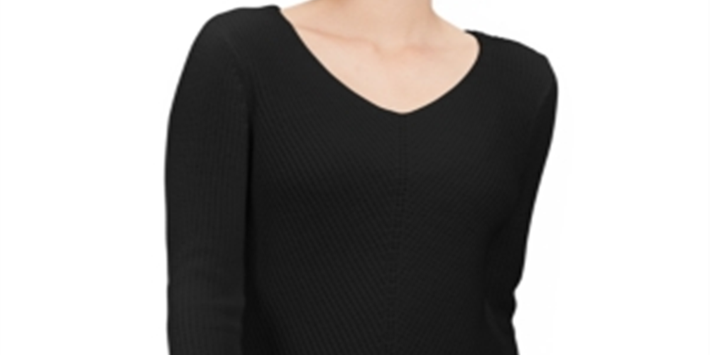 Style & Co Women's Cotton Rib-Knit V-Neck Sweater Deep Black Size M