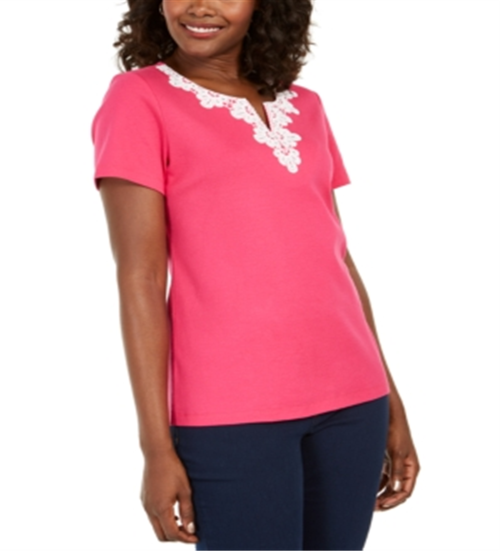 Karen Scott Women's Crochet-Trim Split-Neck Top  Pink Size XS