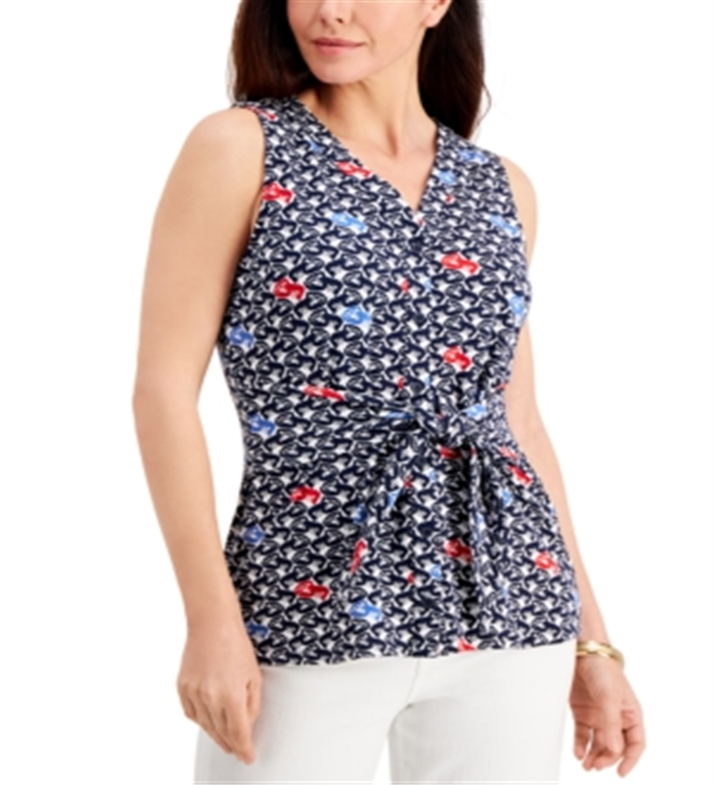 Charter Club Women's Printed Tie-Front Sleeveless Top  Blue Size XS