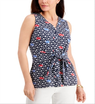 Charter Club Women's Printed Tie-Front Sleeveless Top  Blue Size XS