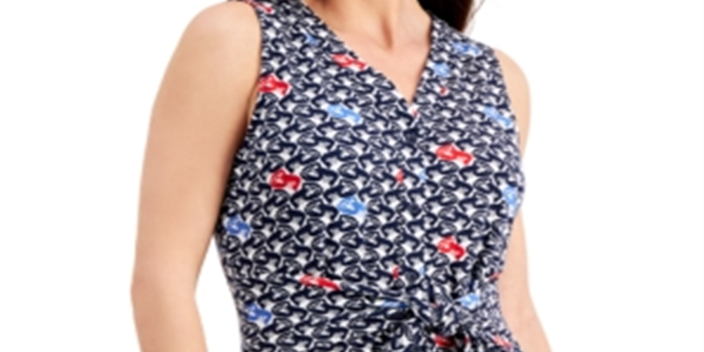 Charter Club Women's Printed Tie-Front Sleeveless Top  Blue Size XS