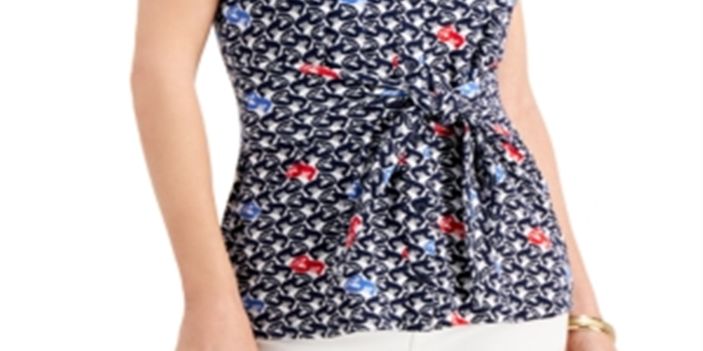 Charter Club Women's Printed Tie-Front Sleeveless Top  Blue Size XS