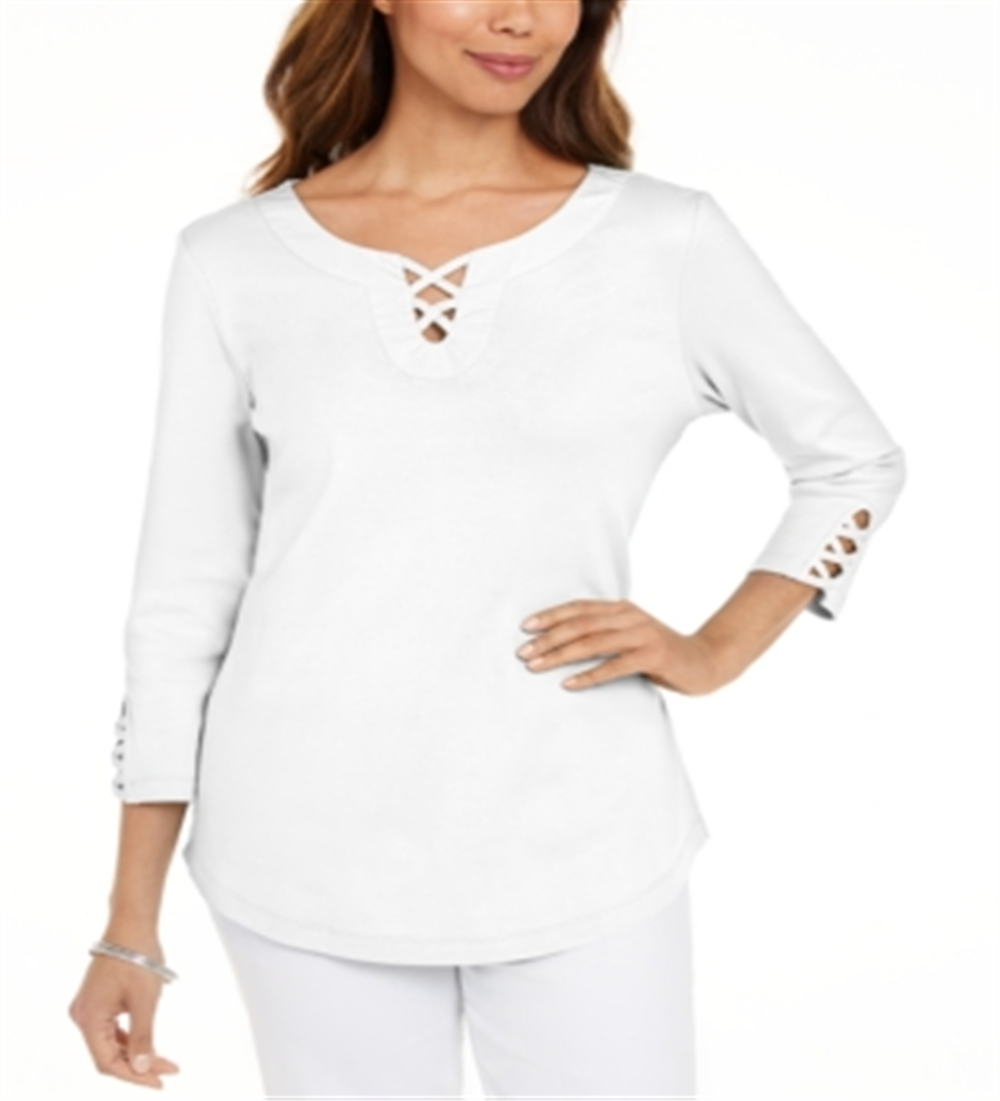Karen Scott Women's Cotton Lace up T-Shirt White Size XX-Large