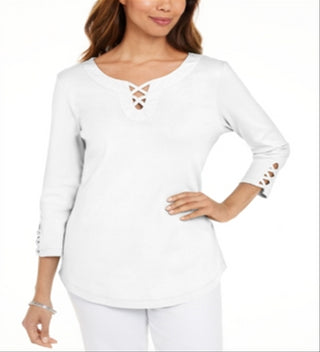 Karen Scott Women's Cotton Lace up T-Shirt White Size XX-Large