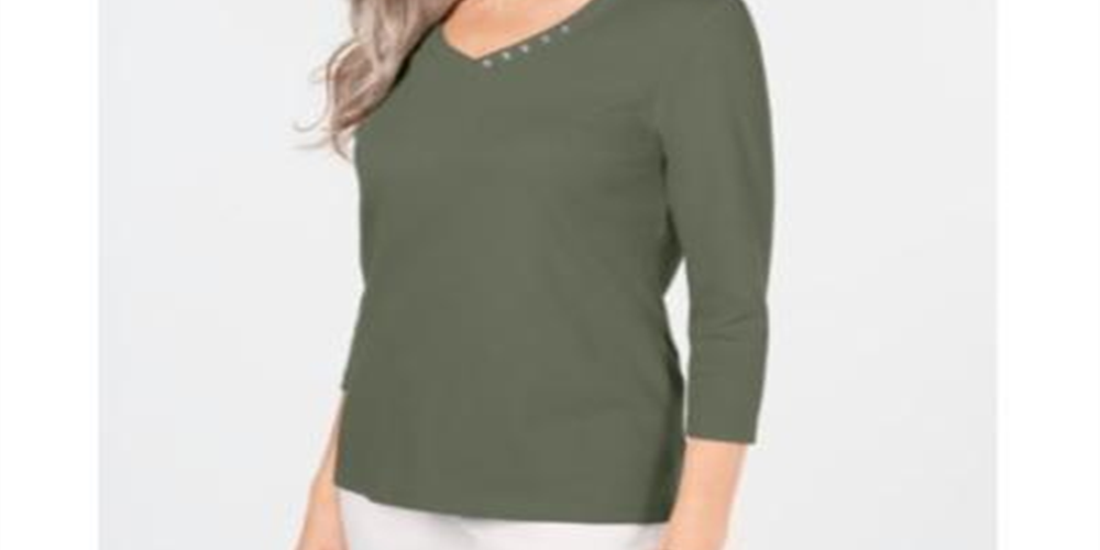 Karen Scott Women's  V-Neck Button-Trim Top  Olive Sprig Green Size XS