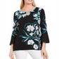 JM Collection Women's Printed Bell-Sleeve Keyhole Top  Blue Size XS