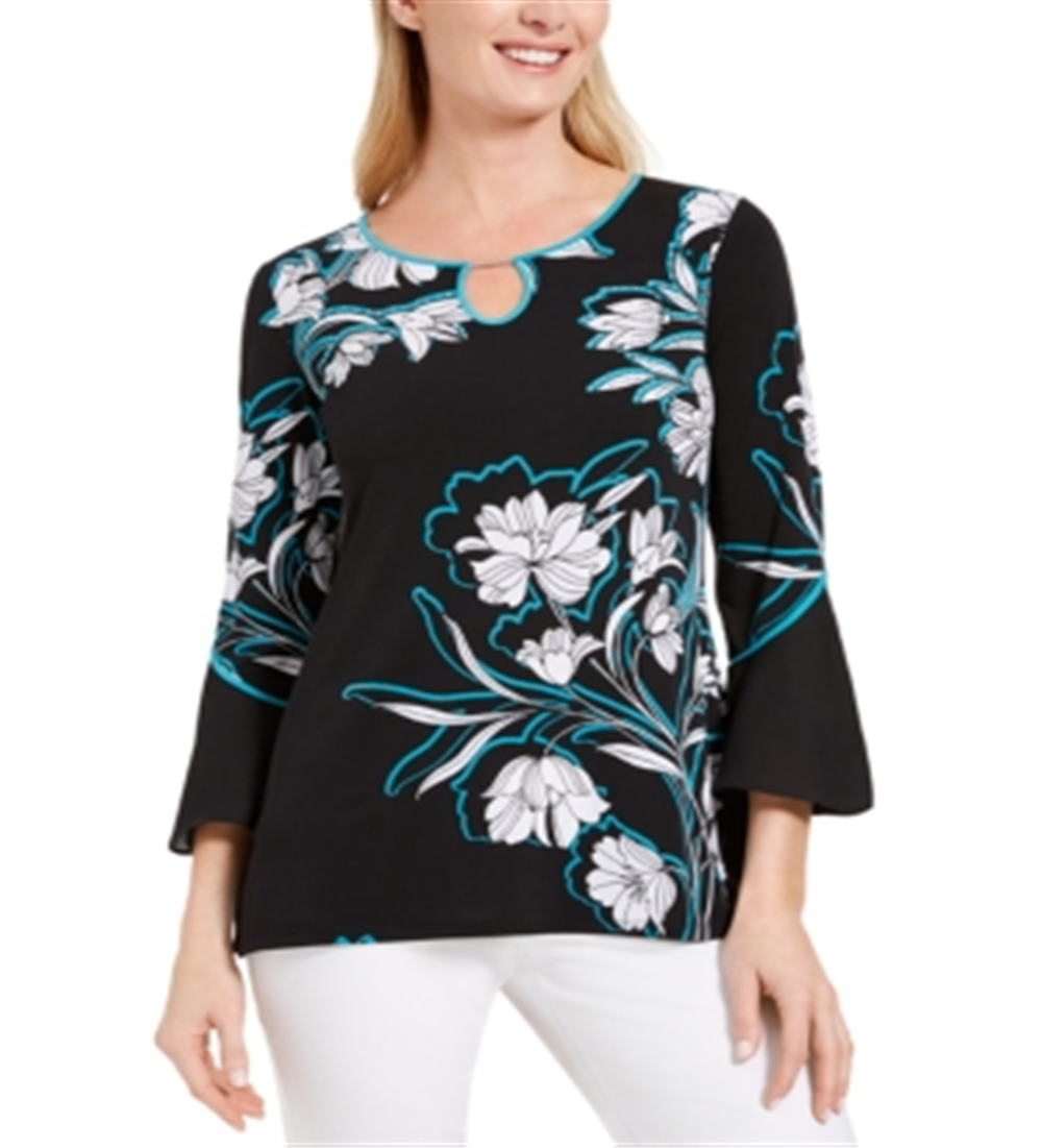 JM Collection Women's Printed Bell-Sleeve Keyhole Top  Blue Size XS