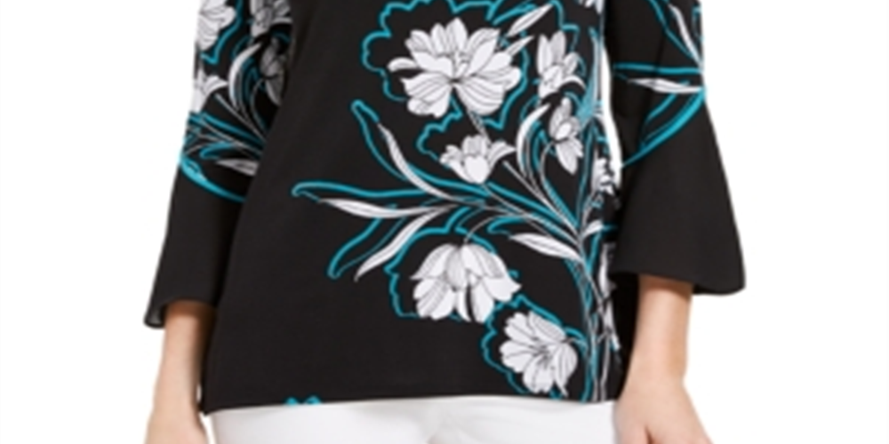 JM Collection Women's Printed Bell-Sleeve Keyhole Top  Blue Size XS