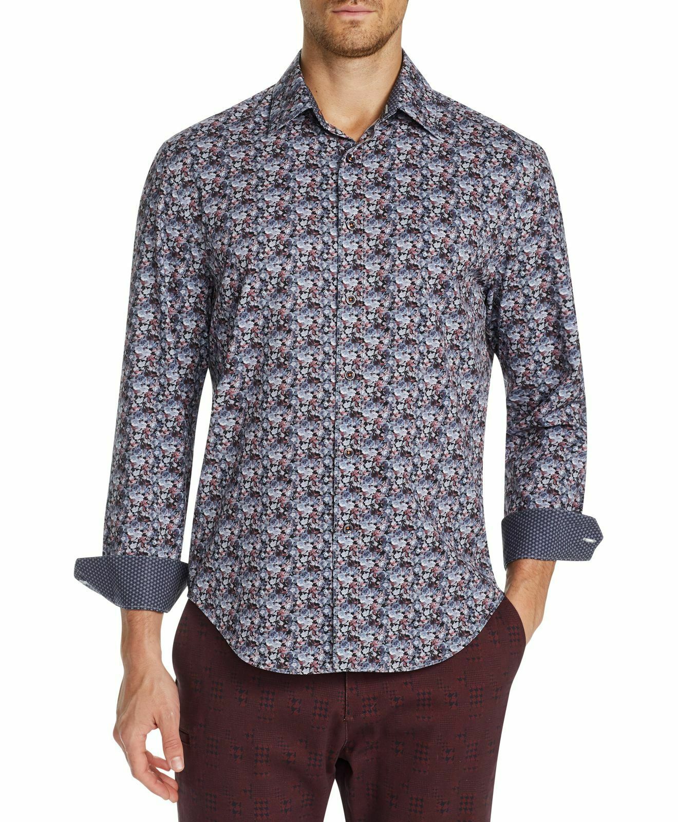 Tallia Men's Men's Floral Print Stretch Sport Button Shirt Black Size X-Large