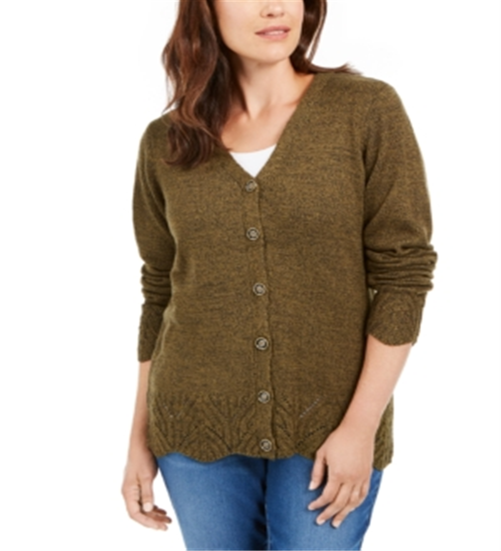 Karen Scott Women's Scalloped Hem Button Cardigan Green Size Large