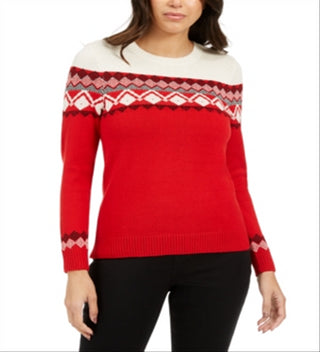 Charter Club Women's Colorblocked Fair Isle Sweater  - Ravishing Red Combo  Size XS