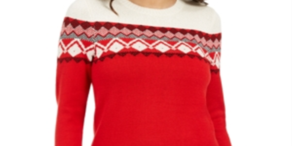 Charter Club Women's Colorblocked Fair Isle Sweater  - Ravishing Red Combo  Size XS