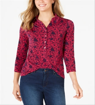 Charter Club Women's  3/4 Sleeve Printed Polo Top  Pink Size XL
