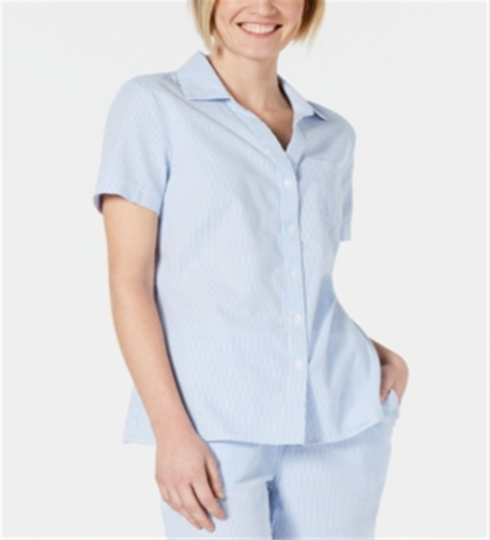 Karen Scott Women's Cotton Seersucker Shirt Blue Size Small