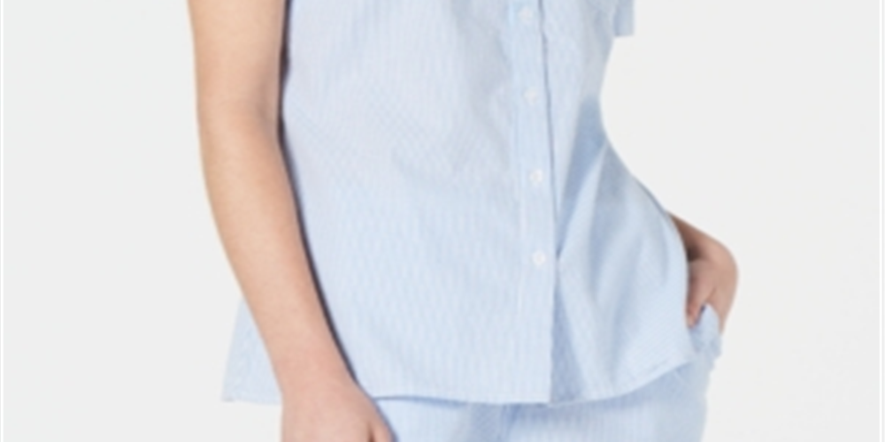 Karen Scott Women's Cotton Seersucker Shirt Blue Size Small