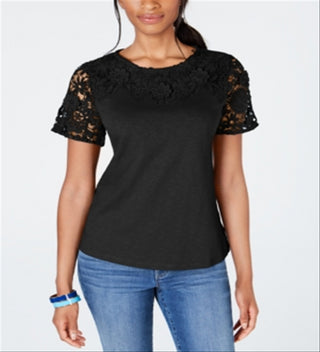 Charter Club Women's Cotton Lace Embellished T-Shirt Black Size XX-Large
