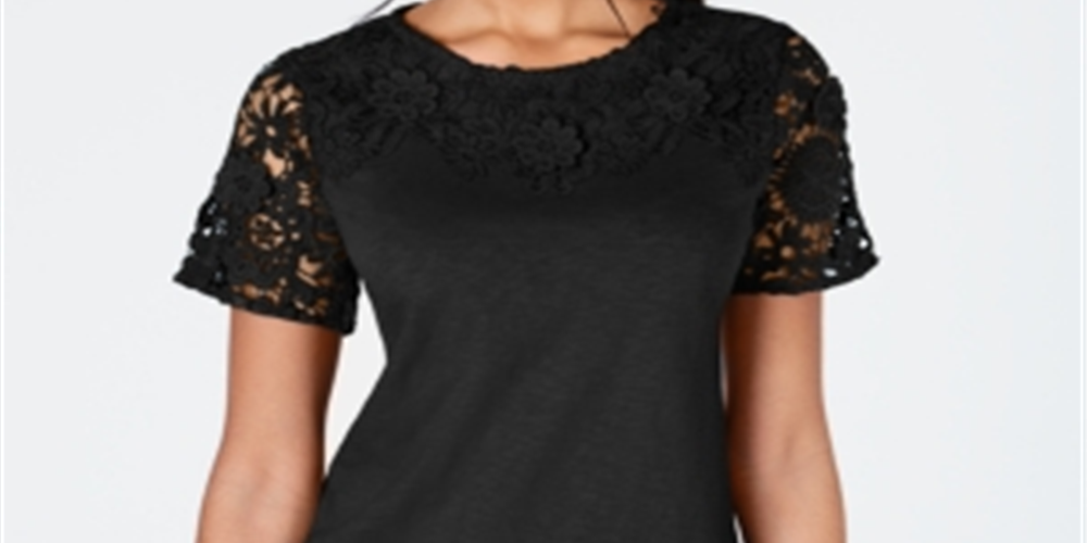 Charter Club Women's Cotton Lace Embellished T-Shirt Black Size XX-Large