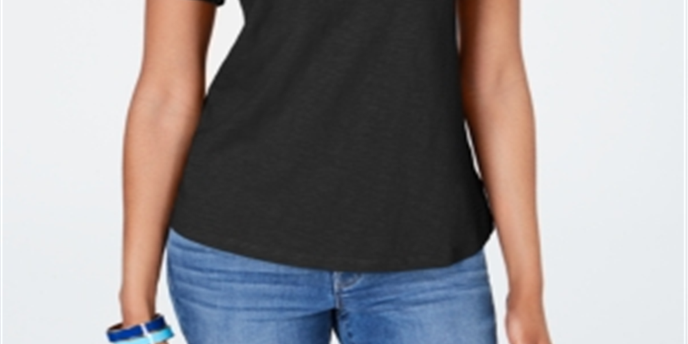 Charter Club Women's Cotton Lace Embellished T-Shirt Black Size XX-Large
