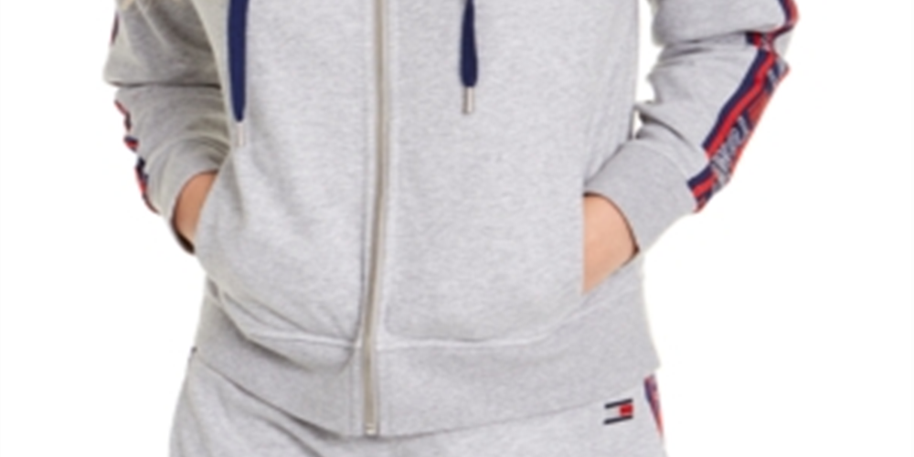 Tommy Hilfiger Women's Sport Logo Zip Hoodie Silver Size X-Large