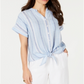 Charter Club Women's  Linen Striped Tie Top Light Blue Combo Size XL