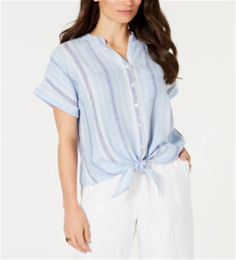Charter Club Women's  Linen Striped Tie Top Light Blue Combo Size XL
