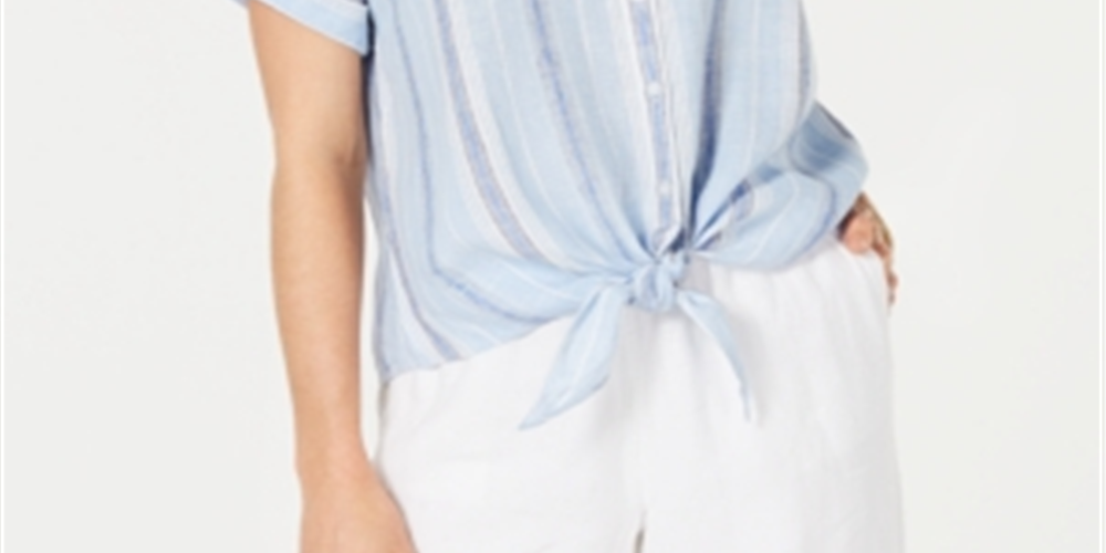 Charter Club Women's  Linen Striped Tie Top Light Blue Combo Size XL