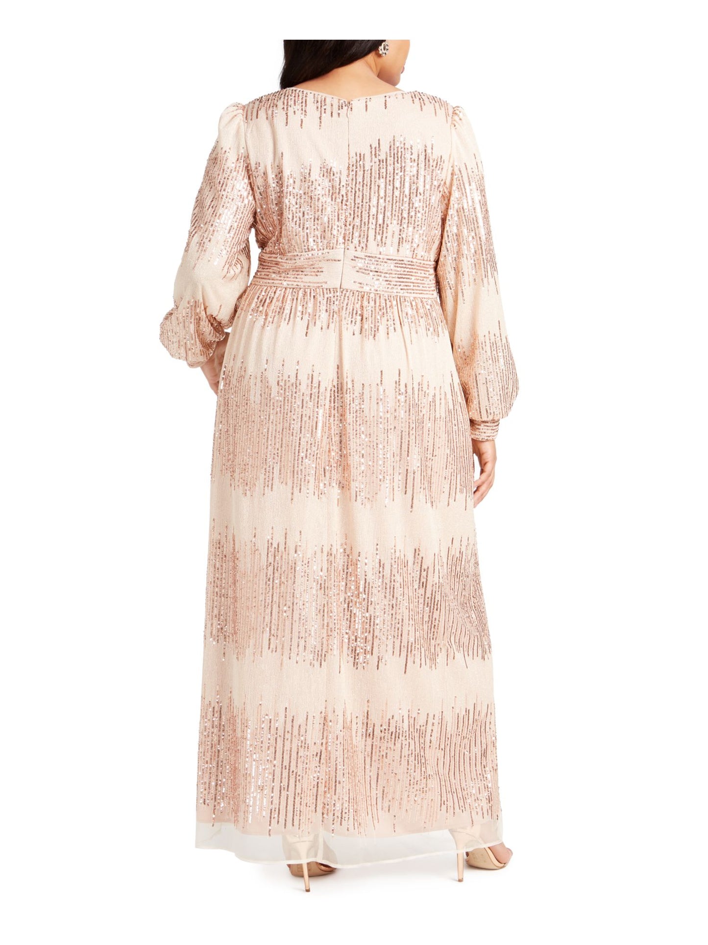 R M Richards Women's  Sequined Long Sleeve Jewel Neck Maxi Blouson Evening Dress Beige Size 20W