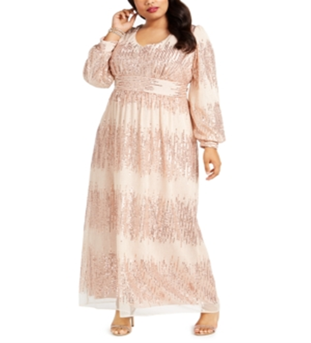 R M Richards Women's  Sequined Long Sleeve Jewel Neck Maxi Blouson Evening Dress Beige Size 20W