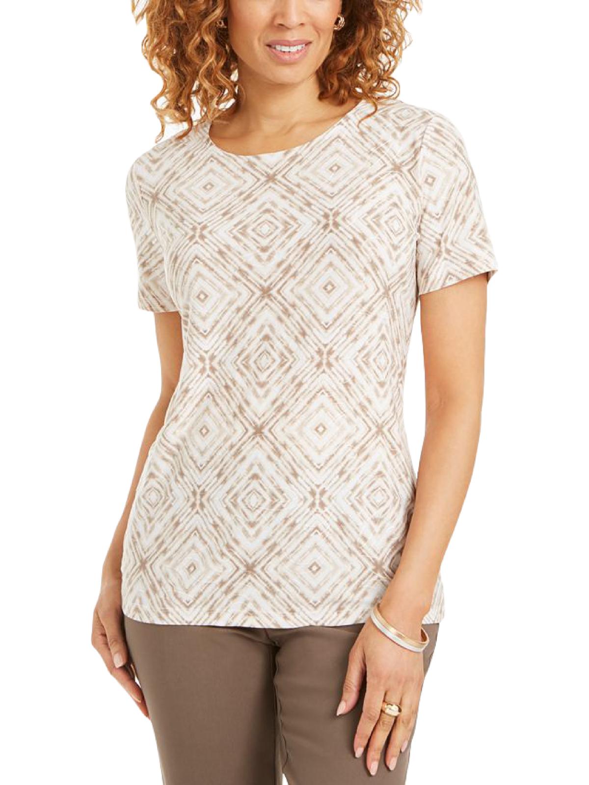 JM Collection Women's Printed Jacquard T-Shirt  Beige Size Small