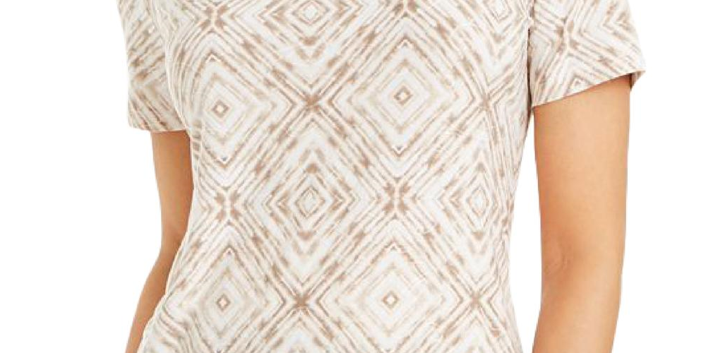 JM Collection Women's Printed Jacquard T-Shirt  Beige Size Small