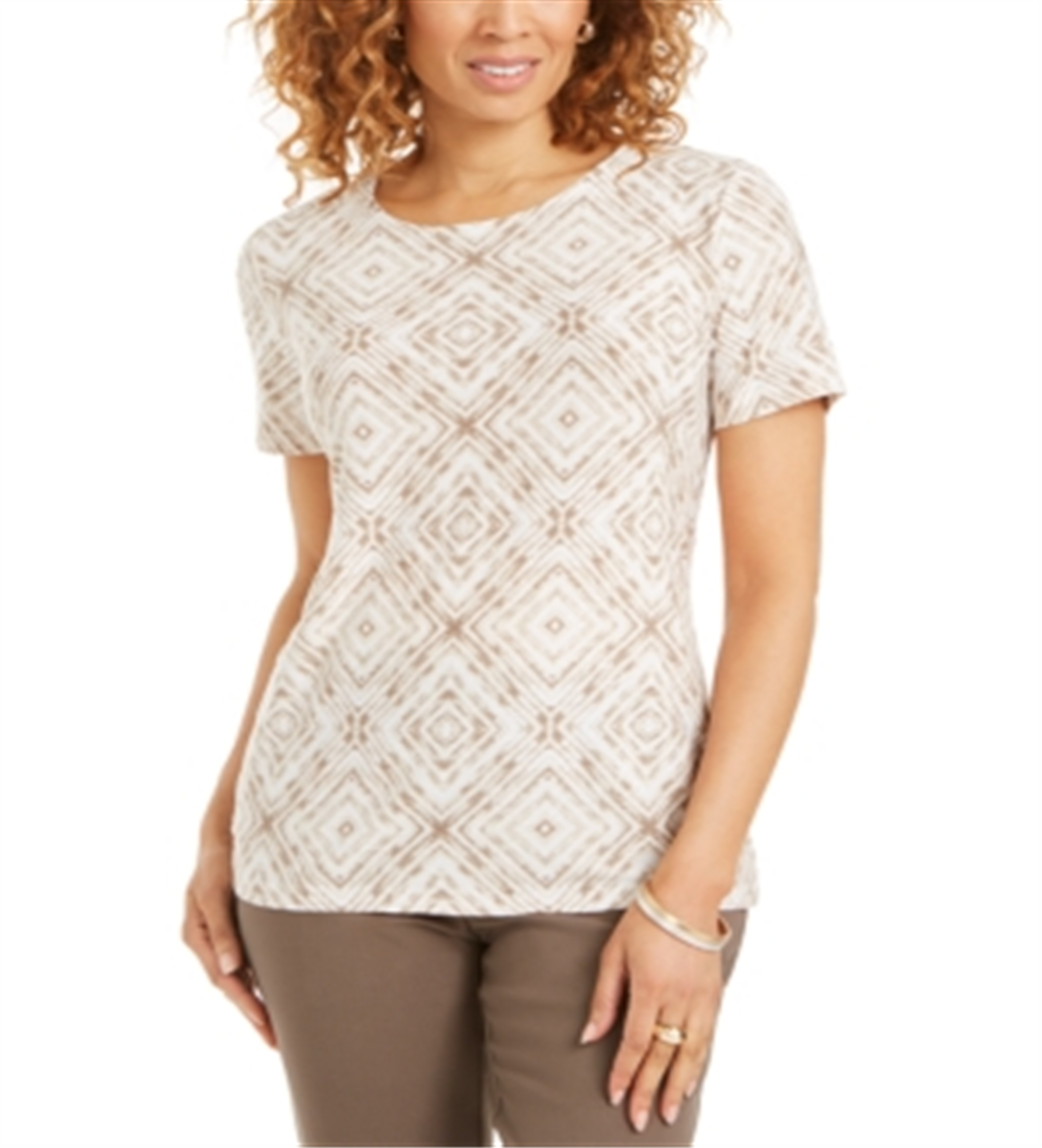 JM Collection Women's Printed Jacquard T-Shirt  Beige Size Small