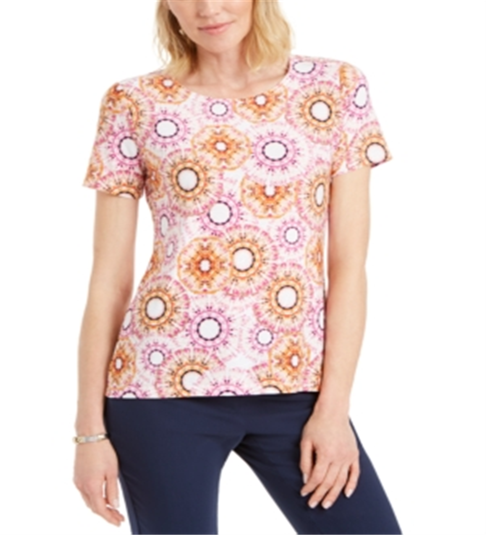 JM Collection Women's  Printed Jacquard T-Shirt Pink Dahlia Combo Size S