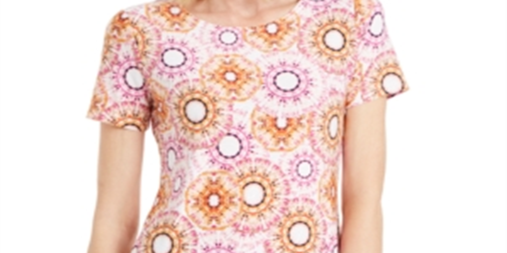 JM Collection Women's  Printed Jacquard T-Shirt Pink Dahlia Combo Size S