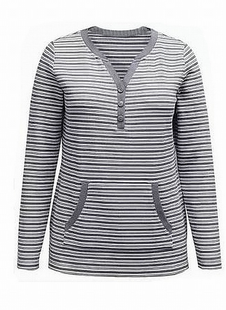 Karen Scott Women's Striped Henley Top  Gray Size XL