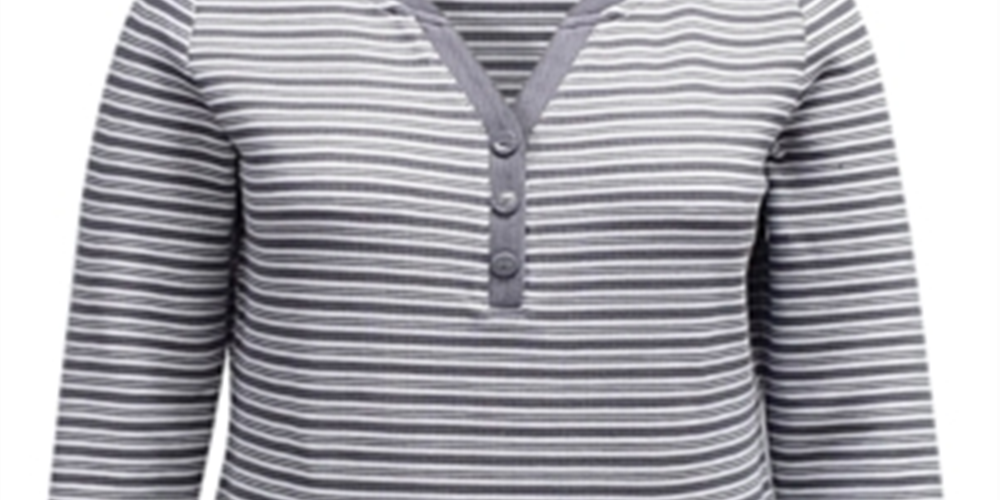 Karen Scott Women's Striped Henley Top  Gray Size XL