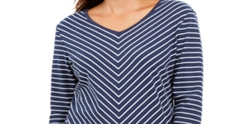 Karen Scott Women's Petite Striped Top  Intrepid Blue Size Petite S